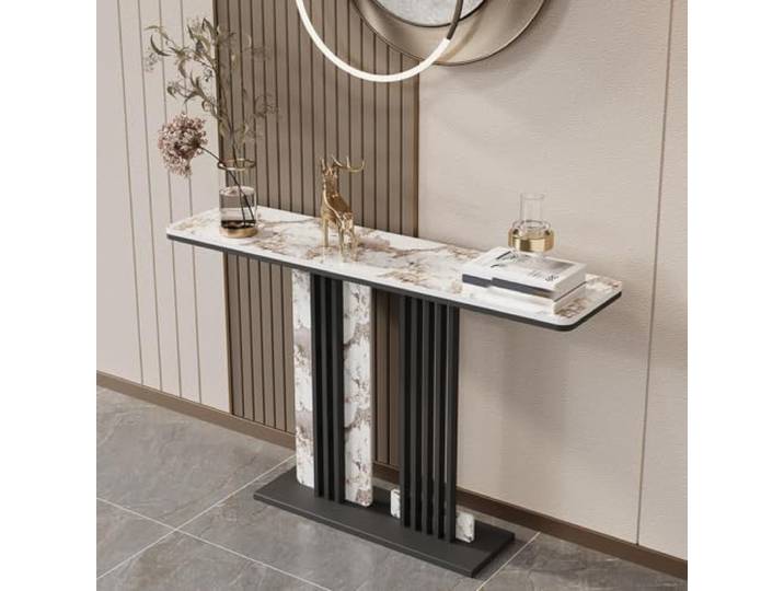 Luxuriöser halbmondförmiger Konsolentisch mit einzigartigen Metallbeinen Rechteckiger Sofatisch mit Schieferplatte, moderner Konsolentisch für Flur und Eingangsbereich(Black A,100cm/39.4in)