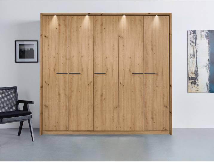 Drehtürenschrank, Holzwerkstoff, Braun (Eiche Artisan), 230×212×58 cm, Mit Beleuchtung, Klassisch, Rauch