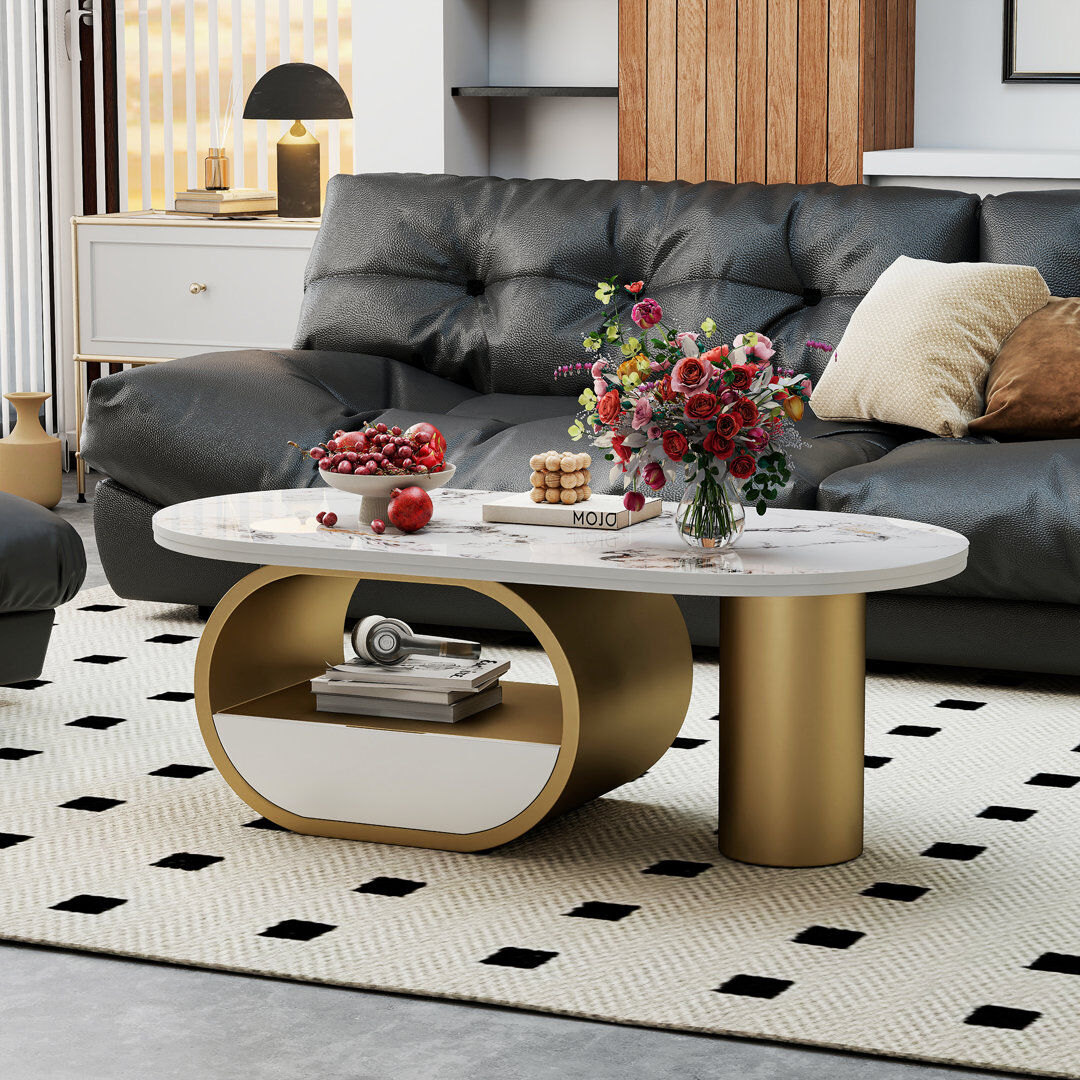 O&K FURNITURE Solid Coffee Table with Storage White/Gold 42.8cm H X 120cm W X 60cm D
