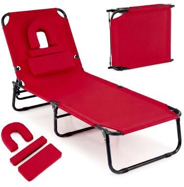 Costway Folding Face Down Tanning Chair with Face Hole 3 Removable Pillows-Red