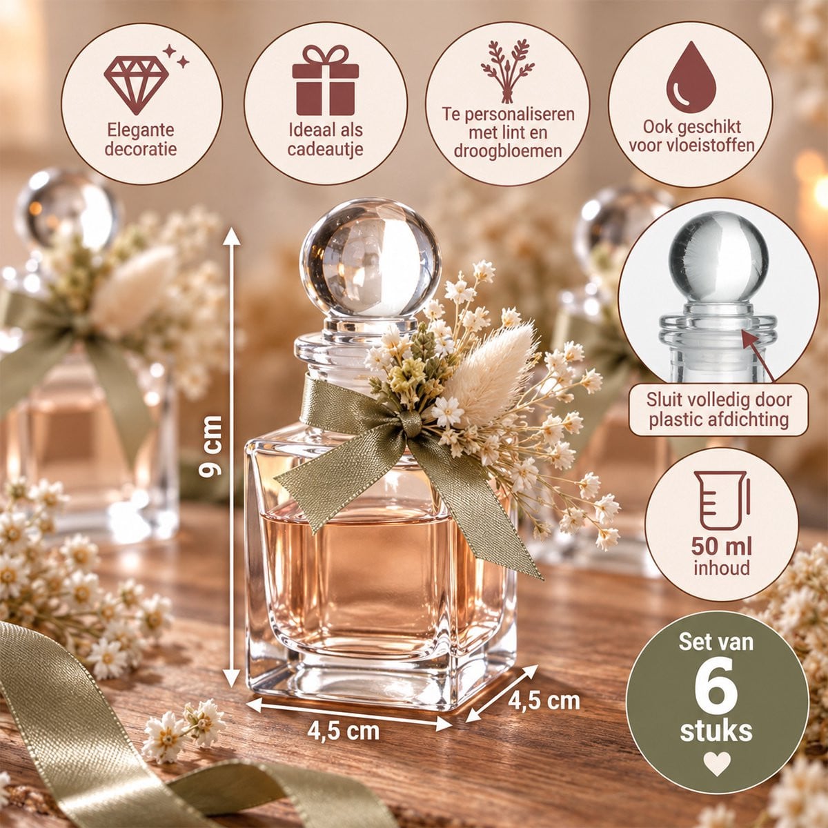 Set van 6 vierkante flesjes van 50 ml