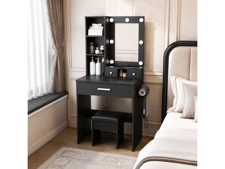 Coiffeuse noire 60 x 38 x 131 5 cm avec miroir LED prise 3 tiroirs et tabouret