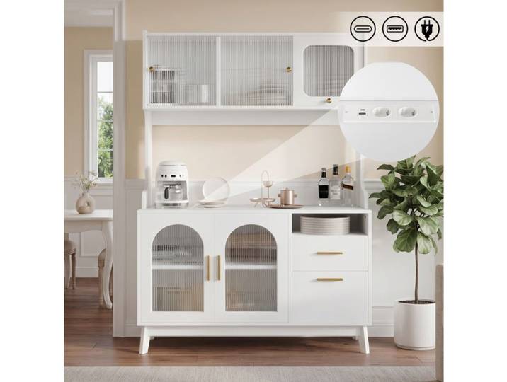 Buffet de cuisine blanc vaisselier 120x40x178 cm avec prises intégrées USB-A USB-C grand rangement ORVRYN