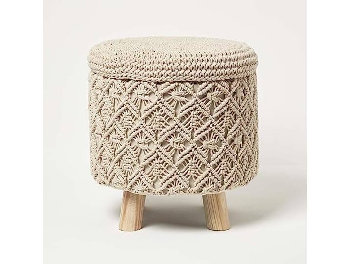 Homescapes Indy Makramee-Hocker mit Stauraum Natur 41x43 cm, Stoff-Hocker mit Holzbeinen, runder Hocker Boho Style