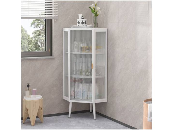 ROVRYN Armoire d'angle 110 cm blanche en métal et verre trempé 3 niveaux porte vitrée