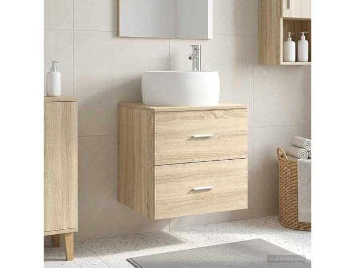Wandmontiertes Waschbecken-Sideboard Sonoma-Eiche 49,5 x 44,5 x 66 cm Holzwerkstoff, mit Schubladen, Schnellablauffunktion, wandmontiert, Stauraum für Toilettenartikel