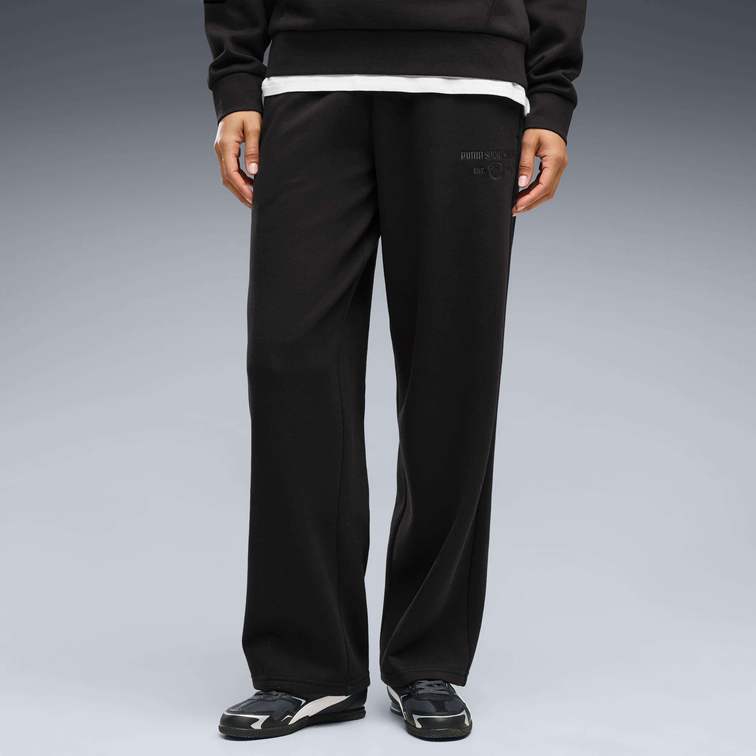 Trainingshose PUMA "CLASS COMFORT STRAIGHT LEG PANTS FL", Damen, Gr. M, N-Gr, schwarz (puma schwarz), Fleece, Obermaterial: 68% Baumwolle, 32% Polyester, unifarben, comfort fit normal, Hosen Trainingshose, mit normaler Leibhöhe, unifarben, Comfort Fit pum
