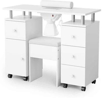 No Nail Desk with Built-in Dust Collector, Wrist Rest, Lockable Wheels and Drawer, Professional Manicure Workstation for Salon