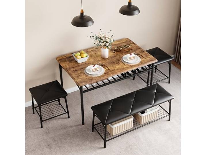 GarveeHome Esstisch-Set Mit Sitzbank & 2 Hockern MDF-Platte Stahlgestell PU-Leder Wasserabweisend Platzsparend Stauraum Kleine Küche Vielseitig Schreibtisch Bartisch Oder Arbeitstisch,Vintage-Farbe