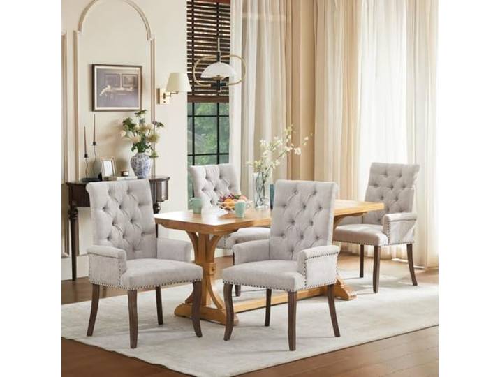 SoarFlash 4er Set Chenille-Sessel Beige, Modernes Knopftuft-Design Weiches strapazierfähiges Chenille-Gewebe, stabile Massivholzbeine. Eleganter Stil für Wohn-, Ess- und Schlafzimmer.