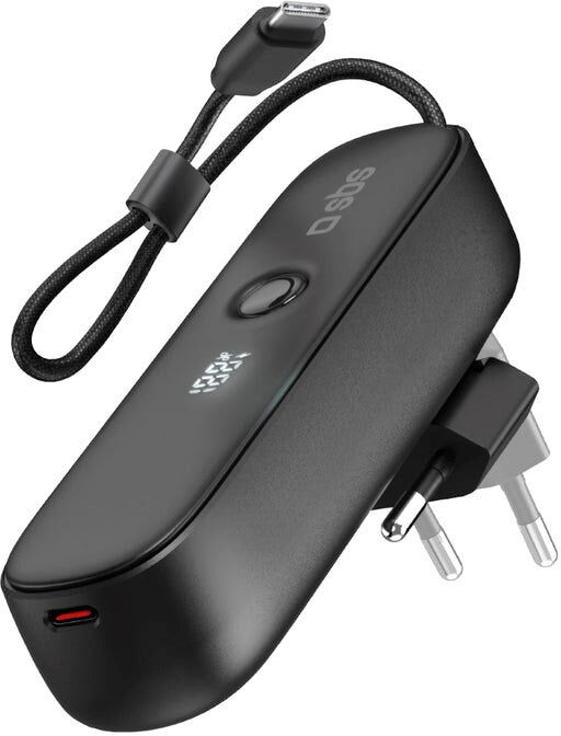 2-i-1 Hybrid PowerBank & Vægoplader m. USB-C Kabel - 5000 mAh / 20W - SBS - Sort