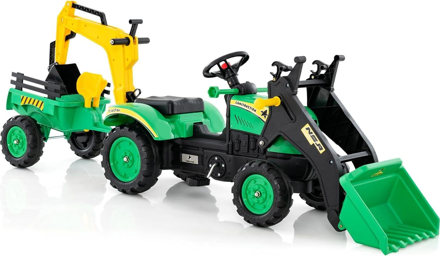 Costway Trekker kinder trekker met afneembare aanhanger, graafschop en minigraafmachine, groen