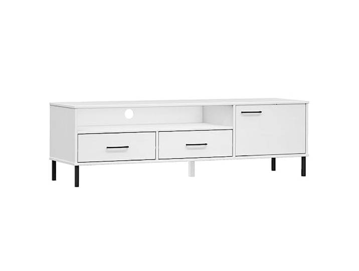 PUGYNBK TV-Schrank, Kiefer, massiv, Weiß, 4 Fächer Naturholz, Metallbeine, dekoratives Regal, manuelle Montage im Lieferumfang enthalten