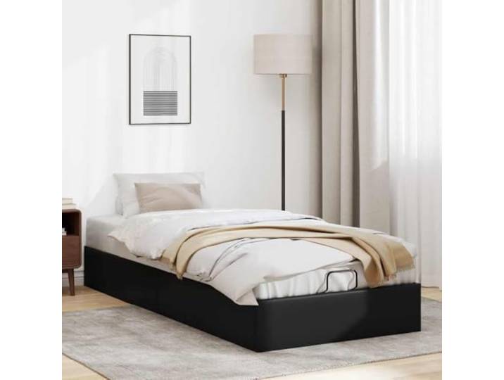 KTHLBRH Bettgestell Pouf schwarz 90 x 190 cm Kunstleder Hydraulisches Heben, Bettkasten, Lattenrost, Tragkraft 140 kg