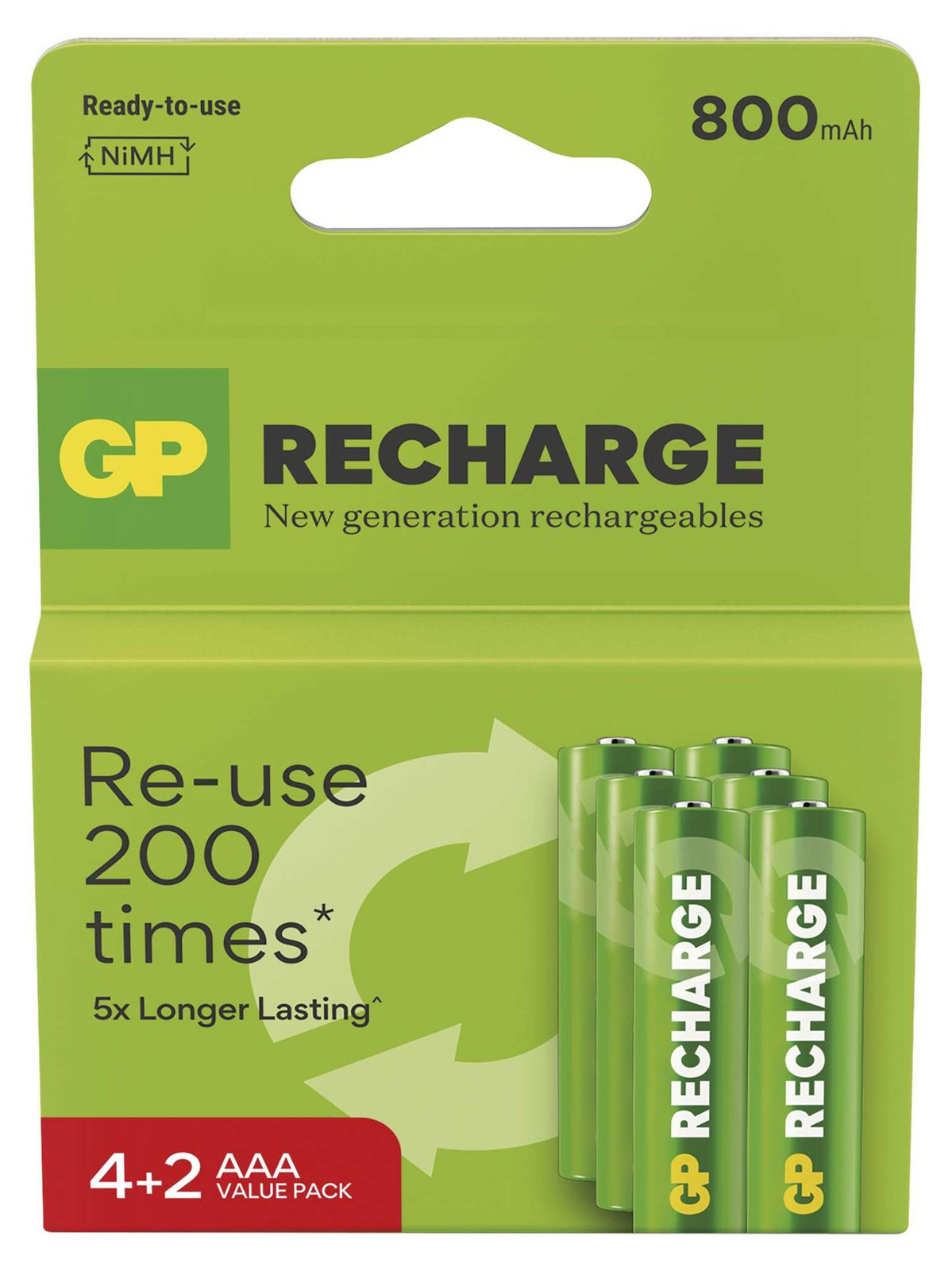 GP Recharge 800 AAA (HR03) Oplaadbare batterijen, 6 stuks