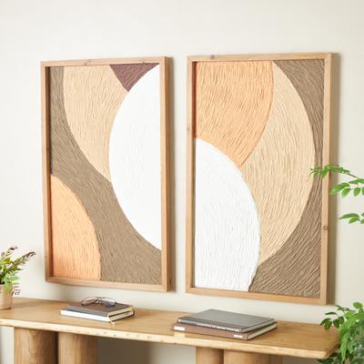 ARCILLA ELEMENTAL Brown Wood Overlapping Circles Abstract Home Wall Decor with Orange and White Accents (Set of 2)