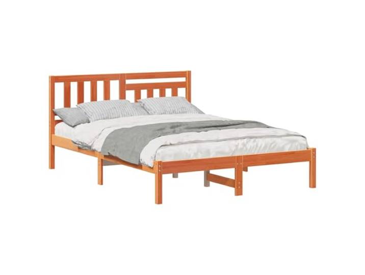 PUGYNBK Bettgestell mit Kopfteil Braun Wachs 135 x 190 cm Kiefer massiv, ohne Lattenrost, minimalistisches Design, einfache Montage