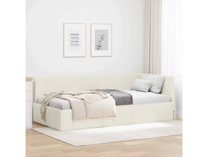 YUTAASU Eckbettgestell mit Kopfteil Creme 100x200 Samt L-Form, Sperrholz, flexibel montierbar, pflegeleicht, modern