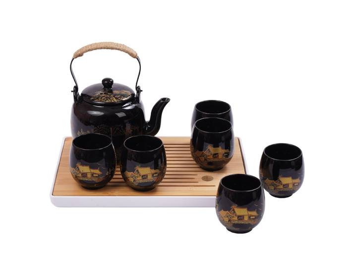 Teeset Porzellan 8-teilig schwarz/gold