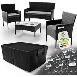 Juskys Polyrattan Gartenmöbel-Set Fort Myers schwarz mit Tisch, Sofa, 2 Stühle & Auflagen inkl. Abdeckung
