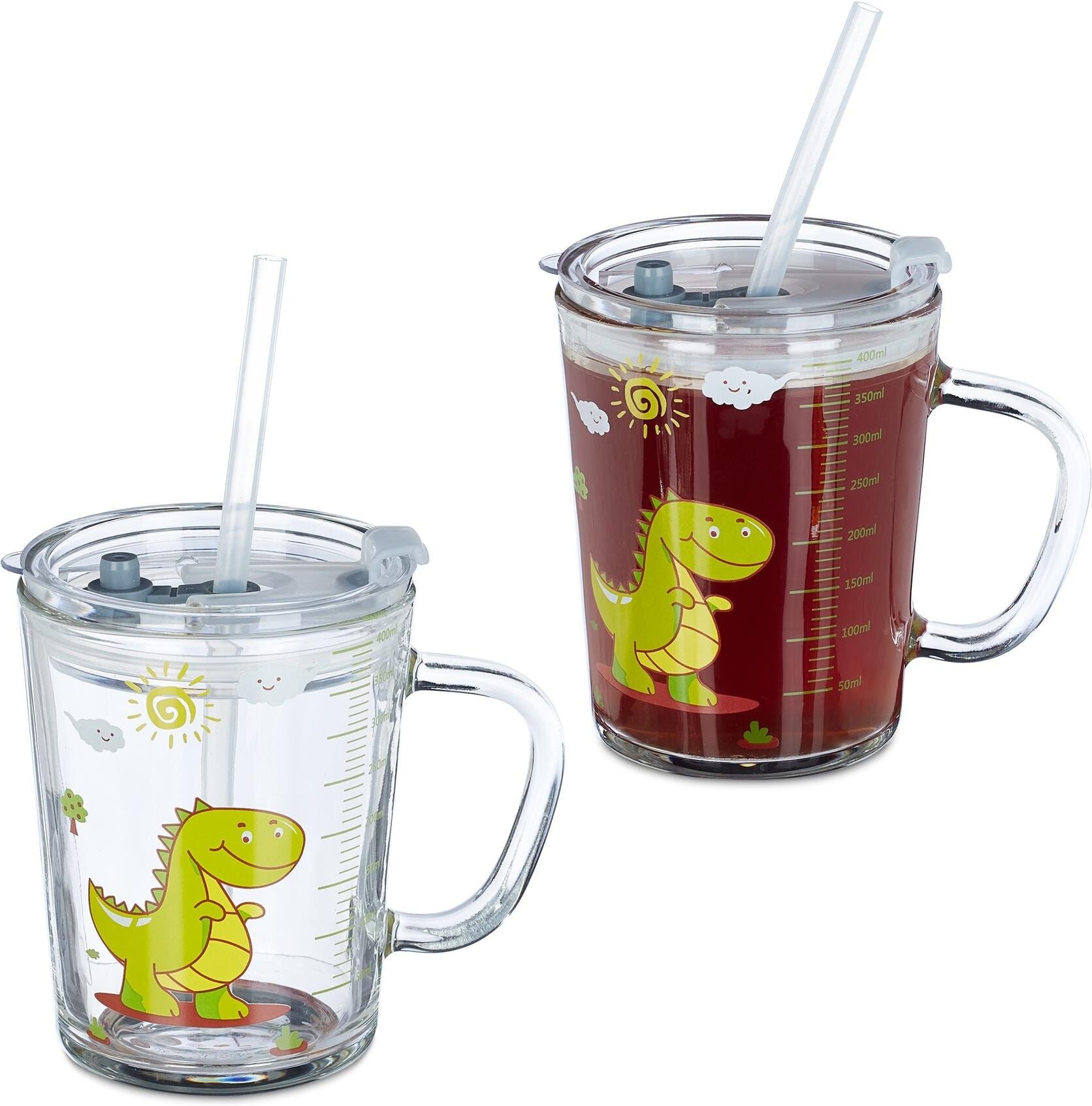 Kinderbecher RELAXDAYS "Dino 400 ml 2er Set, Glas", Kinder, transparent (gelb, grün, transparent), Glas, Trinkgefässe Kinderbecher gelb, grün, transparent Einheitsgröße