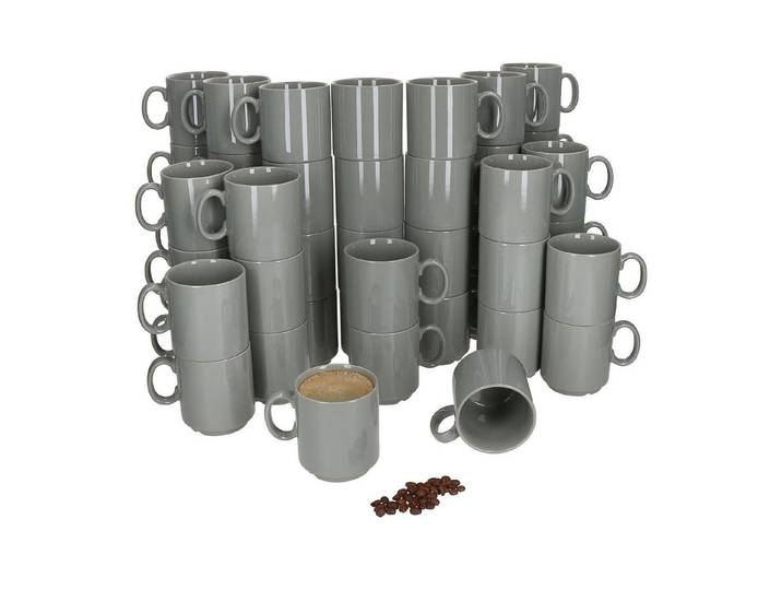 MamboCat Becher 48er Set Event Kaffeebecher 250ml grau Porzellan-Tassen stapelbar, Porzellan