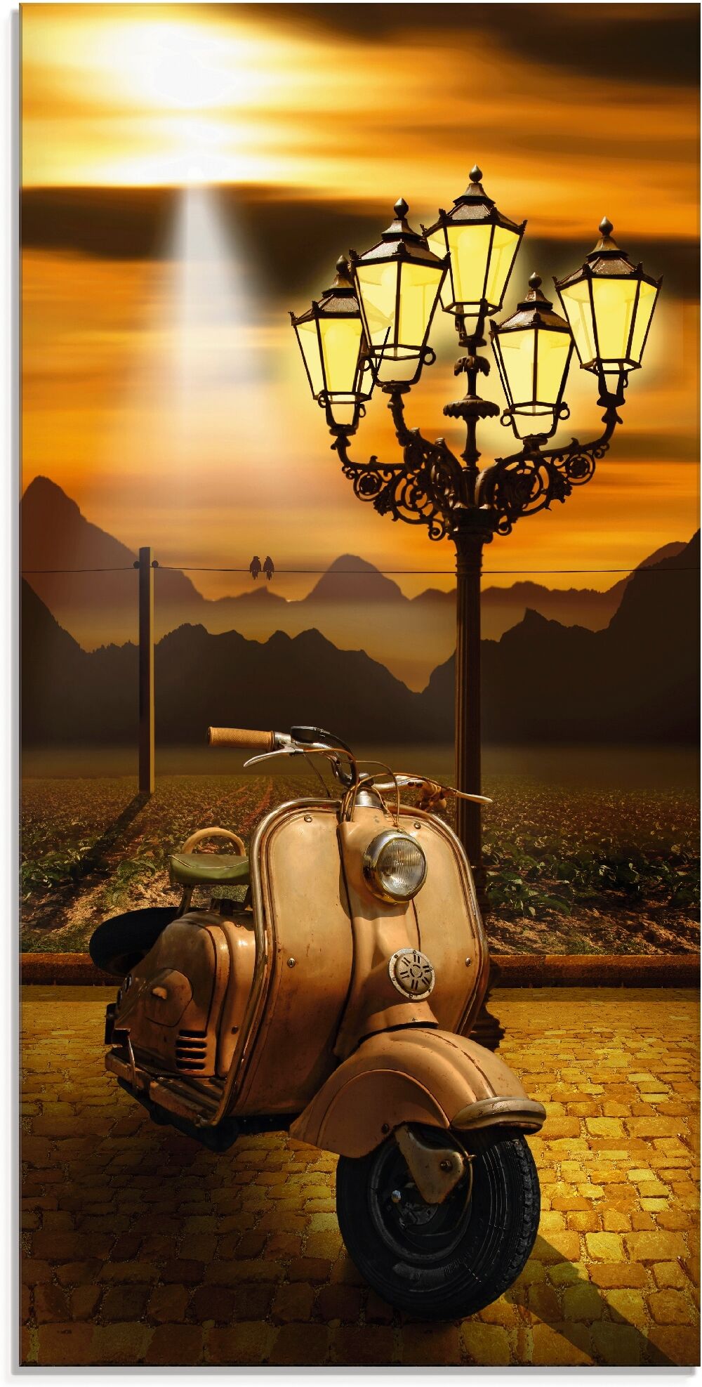 Glasbild ARTLAND "Oldtimer Motorroller romantisch", orange (farbe bild(er): orange), B:50cm H:100cm, Bilder, Glasbild, in verschiedenen Grössen farbe bild(er): orange B/H/T: 50cm x 100cm, Glasbild Motorräder & Roller Hochformat, 1 Stk.