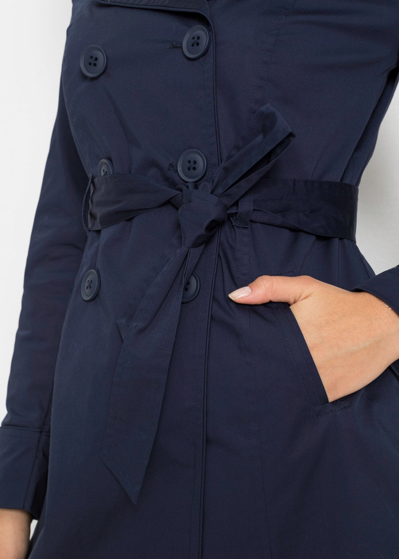 Trenchcoat BONPRIX, Damen, Gr. 36, blau (dunkelblau), Web, Obermaterial: 97% Baumwolle, 3% Elasthan. Futter: 100% Polyester, unifarben, A-Linie ca. Mitte Oberschenkel, angesetztes Bündchen, Mäntel Trenchcoat, mit abnehmbarem Bindegürtel, 2-Reiher dunkelbl