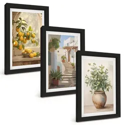 BILDER SET 3er Set - 20x30 cm Schwarzer Rahmen - Zitronen in einer Pflanzenvase