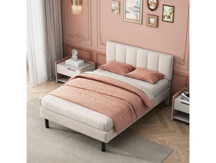 DRIPEX Lit rembourré en tissu sherpa 140×190cm avec sommier à lattes pieds en fer Beige