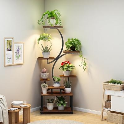 ZWYO HOSIMU "61""H Metal 8-Tier Plant Stand with 3-Head Grow Lights, S-Shaped Indoor Plant Rack with 360° Wheels, Mobile Plant Shelf for Home"