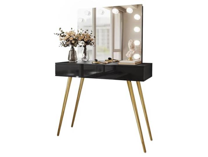 Lookway Schminktisch Sienna Gold Elite mit LED-Spiegel auf goldenen Beinen, 2 Schubladen, Push-to-Open oder Kristallgriff (Schwarz/Schwarz Hochglanz, Push-to-Open System)