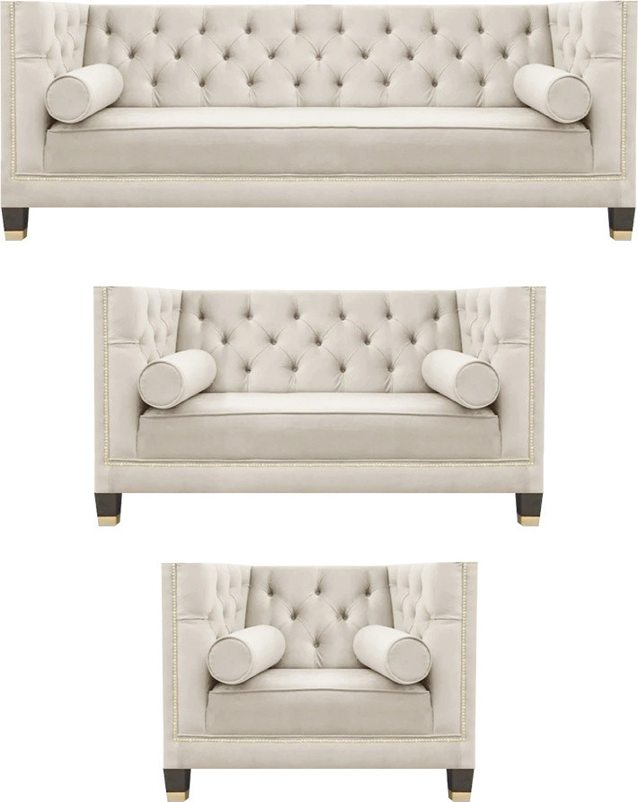 Luxueuze Chesterfield Sofagarnituur Textiel 3+2+1 Wit