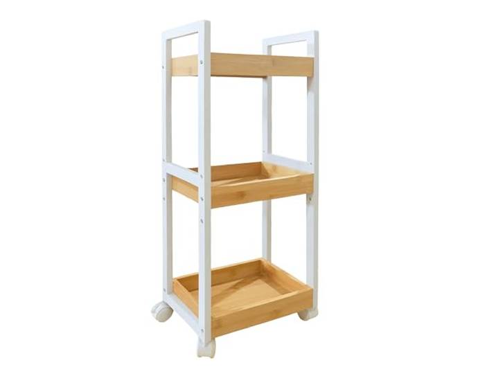 Relaxdays Chariot\, 3 étagères\, Bambou\, 80 x 30 x 20 cm\, Salle de Bain et Cuisine\, MDF\, Chariot étroit\, Naturel/Blanc