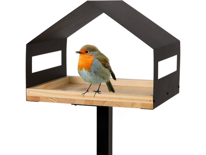 Wondermake Vogelhaus mit Ständer, aus Metall & Holz, wetterfest für Garten & Balkon, Schwarz, 40x117x40 cm, Dekoration, Gartendeko