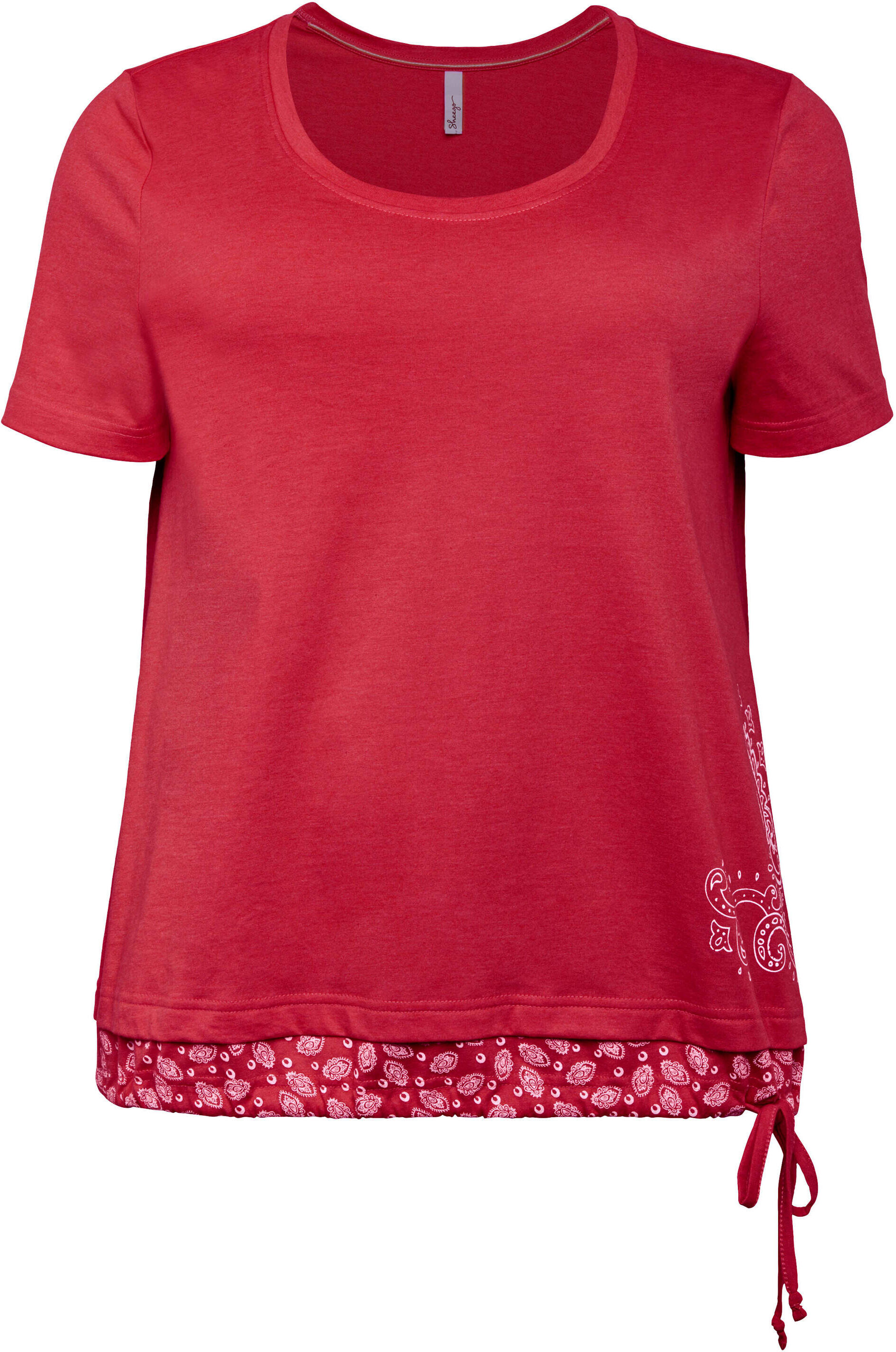 T-Shirt SHEEGO "T-Shirt Kurzarmshirt in 2-in-1-Optik", Damen, Gr. 44/46, mohnrot, Modisch, Rundhals, Shirts T-Shirt