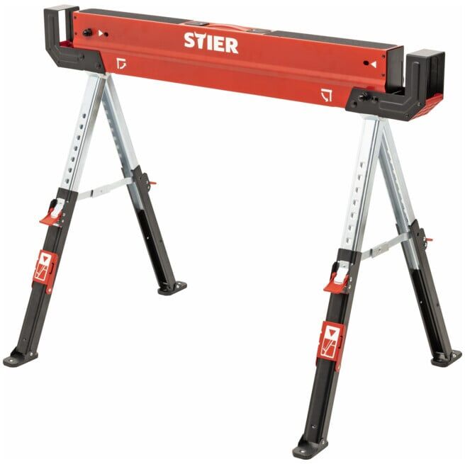 Tréteau repliable/chevalet de sciage STIER réglable en hauteur, 590 kg, acier, 1090 x 520 - 690 x 610 - 820 mm, tréteau atelier, tréteau chantier (905088)