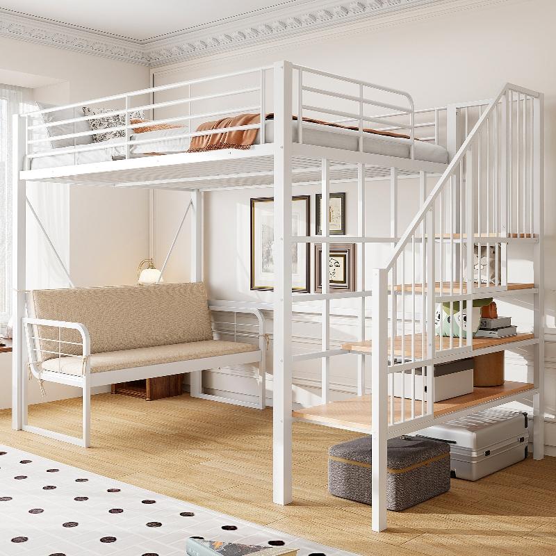 Etagenbett 140x200 in Weiß mit Metallrahmen, abnehmbarem Polstersofa und Stauraumtreppe, Hochbett mit Holzpaneelen für Schlafzimmer