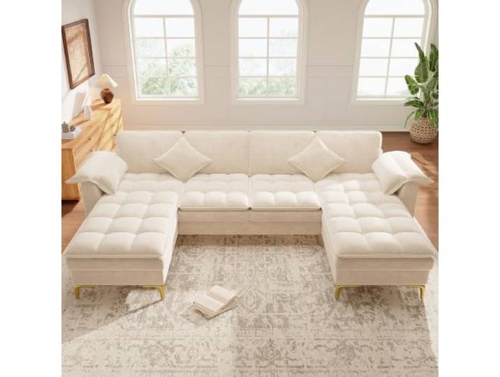 U‑förmiges Ecksofa, 4‑Sitzer Moduldesign mit Cloud‑Optik und doppellagigen Schaumkissen, inkl. 2 Chaiselongues,2 Kissen, goldene Metallfüße, Chenille‑Bezug, geeignet für Wohnzimmer/Schlafzimme, Beige