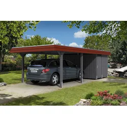 Skan Holz Walmdach409cm inkl. Abstellraum grau rote Blende Holzcarport