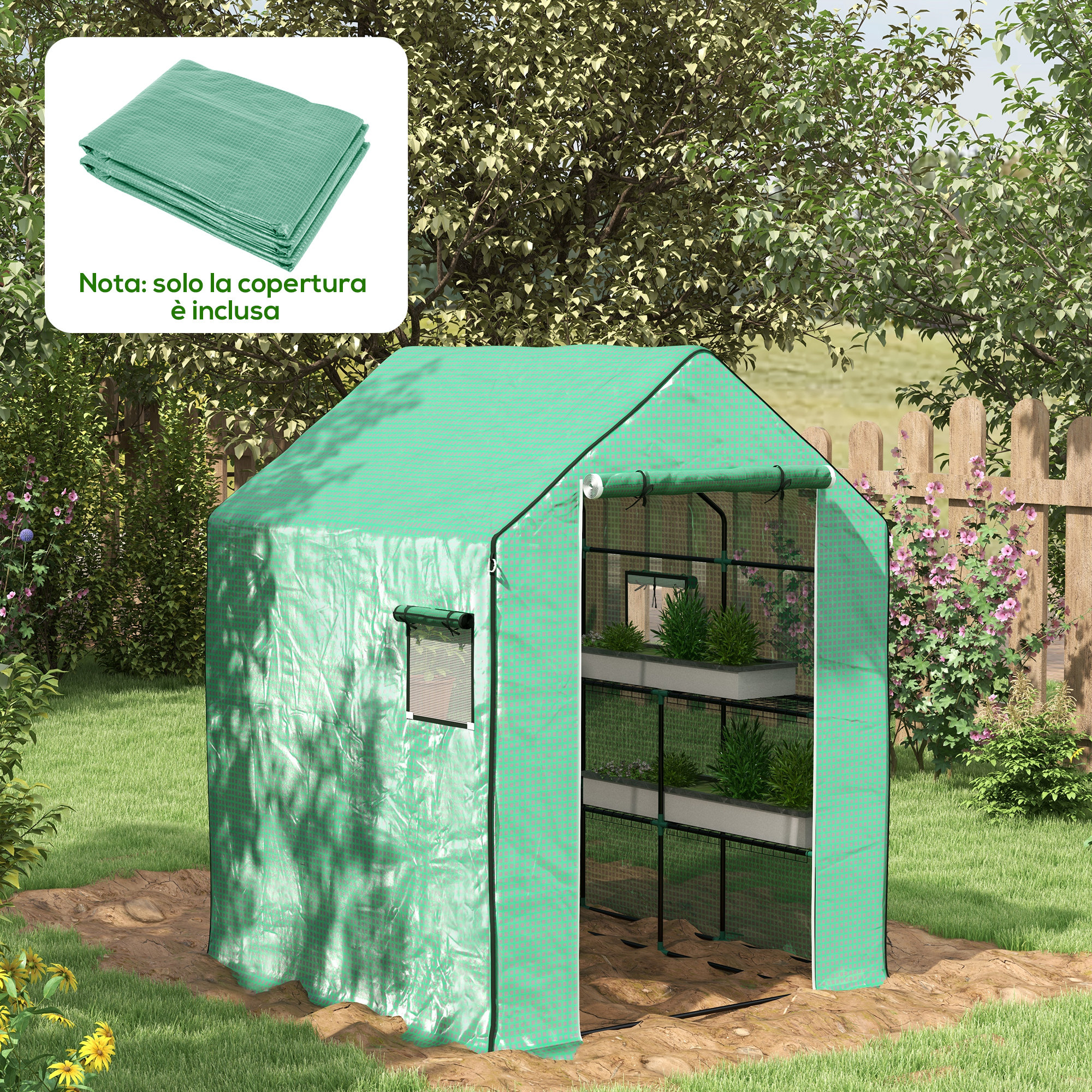 Outsunny Copertura PE per Serra da Giardino con Porta a Cerniera e Finestre, 140x143x190cm, Verde Aosom