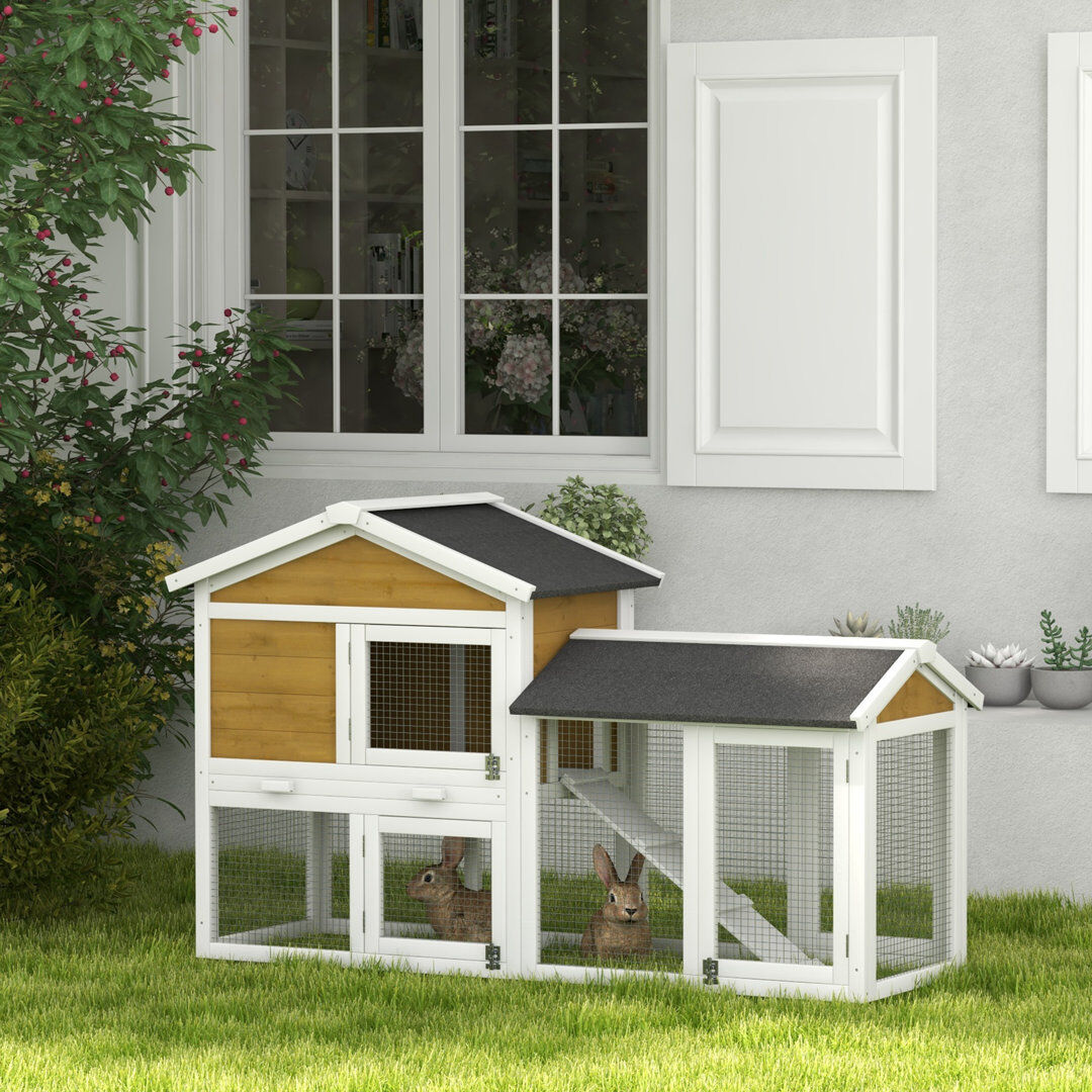 PawHut Rabbit Hutch Guinea Pig Hutch Outdoor Double Tier with Ramp Yellow Yellow 213.36cm H X 137.16cm W X 373.38cm D
