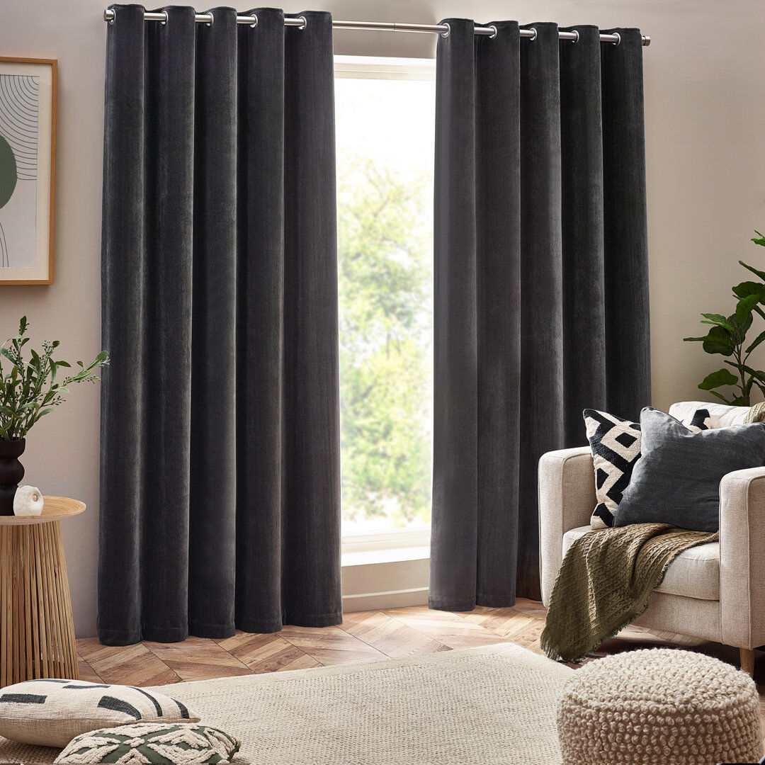 Yard Heavy Chenille Blackout Curtain Panel Pair Grey 229cm Width x 137cm Drop