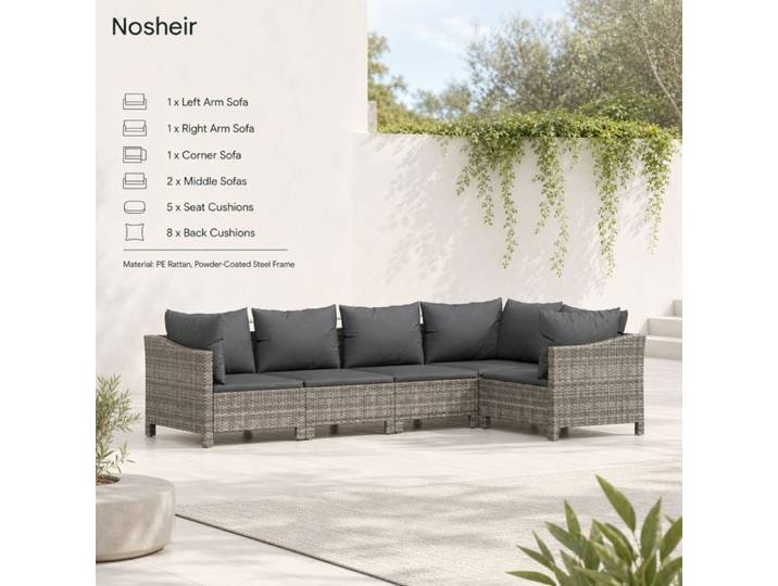 Ensemble salon de jardin 5pcs – Nosheir – Résine tressée modulable avec coussins – pour terrasse extérieur – Gris
