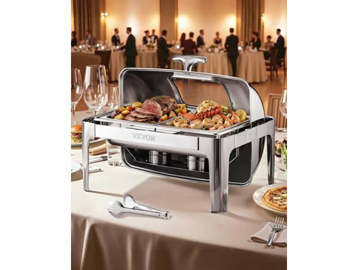 VEVOR Chafing Dish Set Speisenwärmer Edelstahl, rechteckiger Wärmespender mit sichtbarem Deckel & Wasserpfannenständer & Brennstoffhalter, für Partys