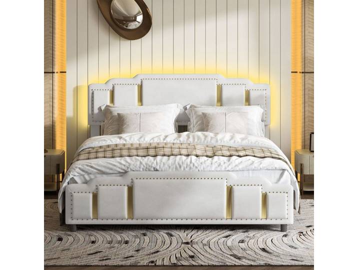 Lit avec rangement à tiroirs double en velours beige pour adulte design moderne