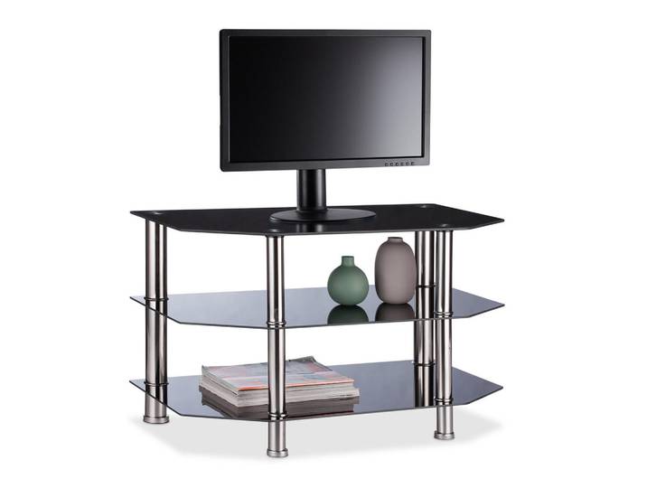 Relaxdays Fernsehtisch Schwarz gehärtetes Glas 3 Ebenen 80x45 cm, Glas, Metall, 80x49x45 cm, Wohnzimmer, TV Möbel
