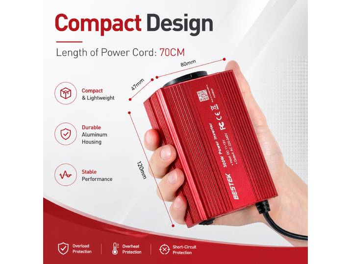 BESTEK 300 W Convertisseur de tension pour voiture, Convertisseur à onde sinusoïdale modifiée 12 V à 230 V avec prise CA standard européenne, 2 ports USB (4,8 A au total) &amp; prise allume-cigare pour voiture 12 V, Chargez ordinateur portable &amp; téléphone, Ro