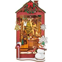 getDigital Book Nook Weihnachtszimmer Holzbausatz, 206 Teile, LED-Beleuchtung, 13,6x21,8x24,7cm