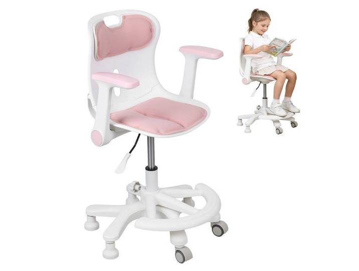WILITTO Chaise de Bureau Roulante Enfant-Conception ergonomique-Accoudoirs et repose-pieds réglables-Rose